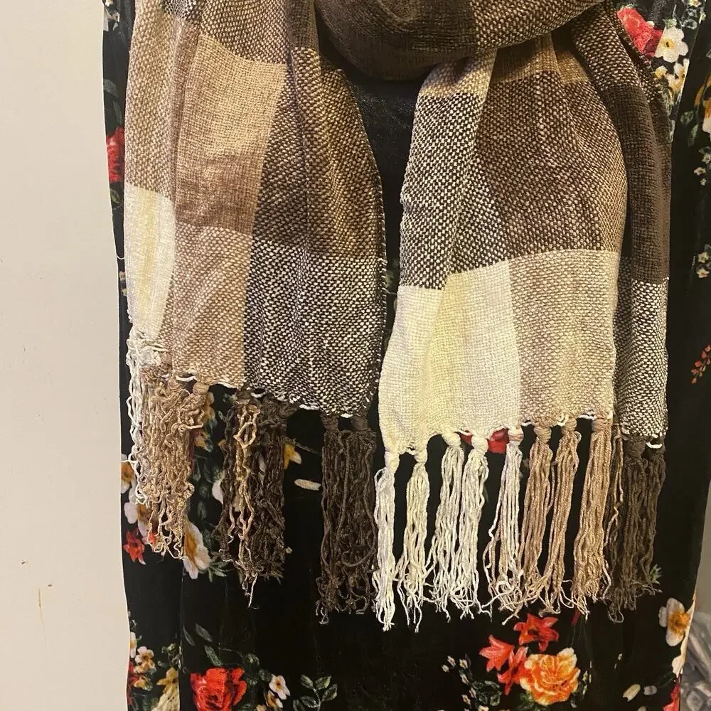 Twenty Degrees Chenille Scarf 11x68”Rectangle Multicolored Block Soft Fringe